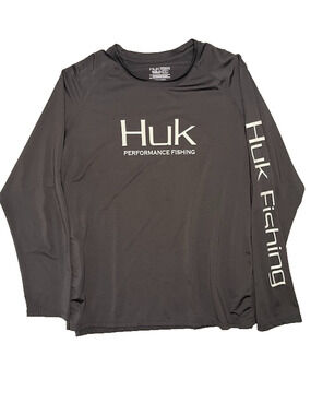 Huk Shirt Mens XXL Black Long Sleeve Spellout Performance Fishing Outdoors UV